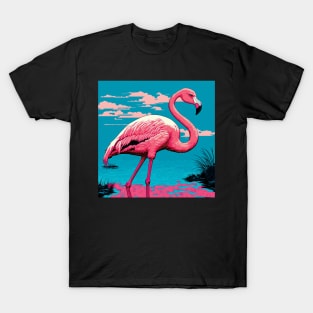 Flamingo in a Lake against Azure Sly with Pink Clouds T-Shirt